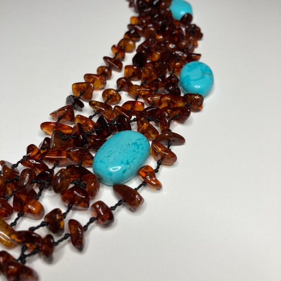 Six Strand Knotted Amber & Turquoise Necklace - Picture 8 of 8
